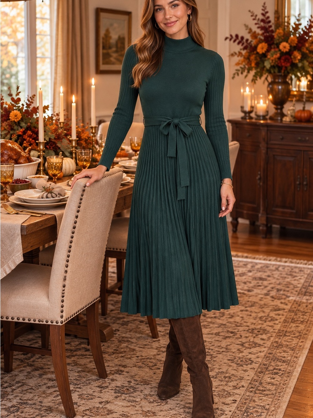Sandra Darren Hunter Green Pleated Mock Neck Sweater Dress Size M